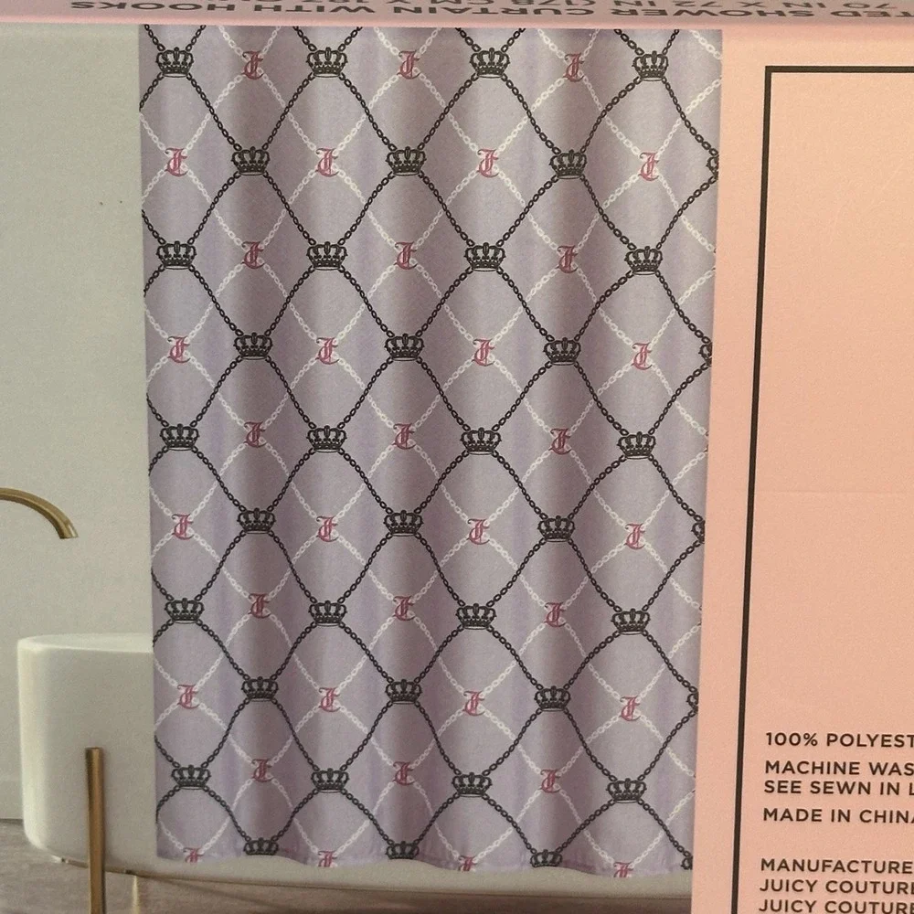 New Juicy Couture 70x72 Fabric Shower Curtain Hooks Set Purple Crown Pink Chain